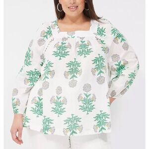 Lane Bryant Womens 18/20 White Floral Print Square Neck Balloon Sleeve Swing Top